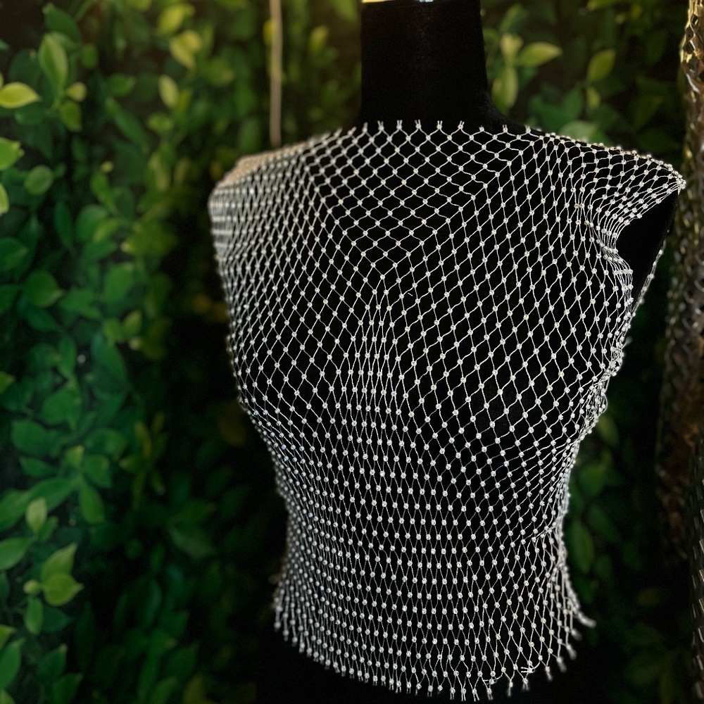 Silver Rhinestone Mesh Top | Rave Festival Fishnet Overlay